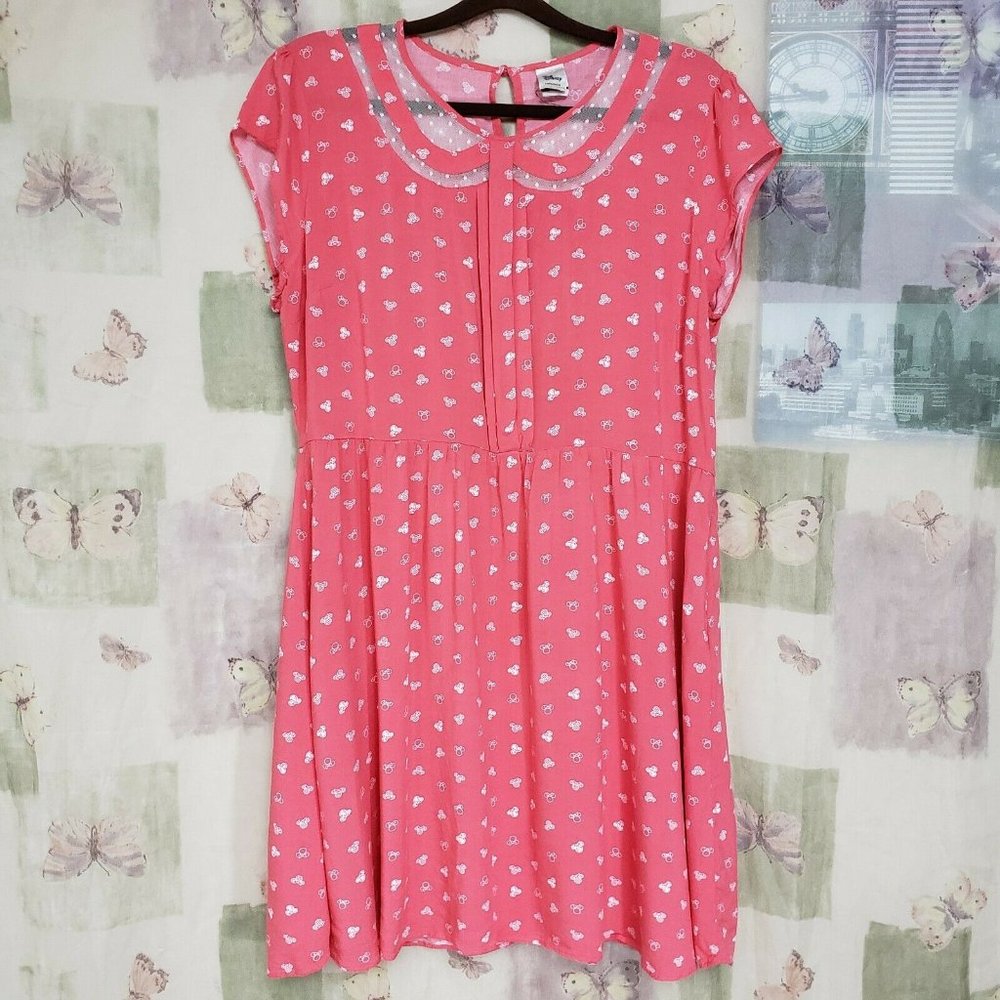 Coral color Minnie Mouse mesh neckline cup sleeve dress